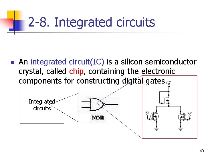 2 -8. Integrated circuits n An integrated circuit(IC) is a silicon semiconductor crystal, called