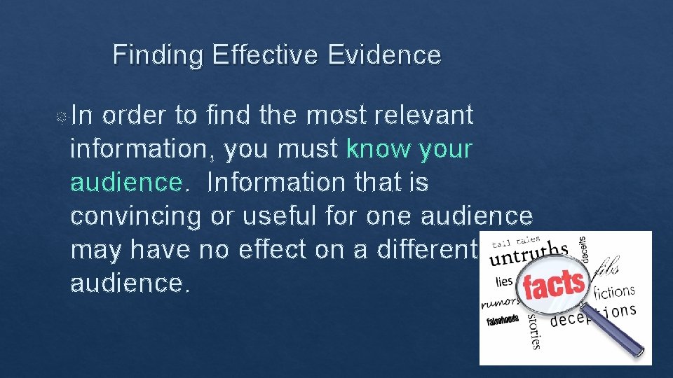 Finding Effective Evidence In order to find the most relevant information, you must know