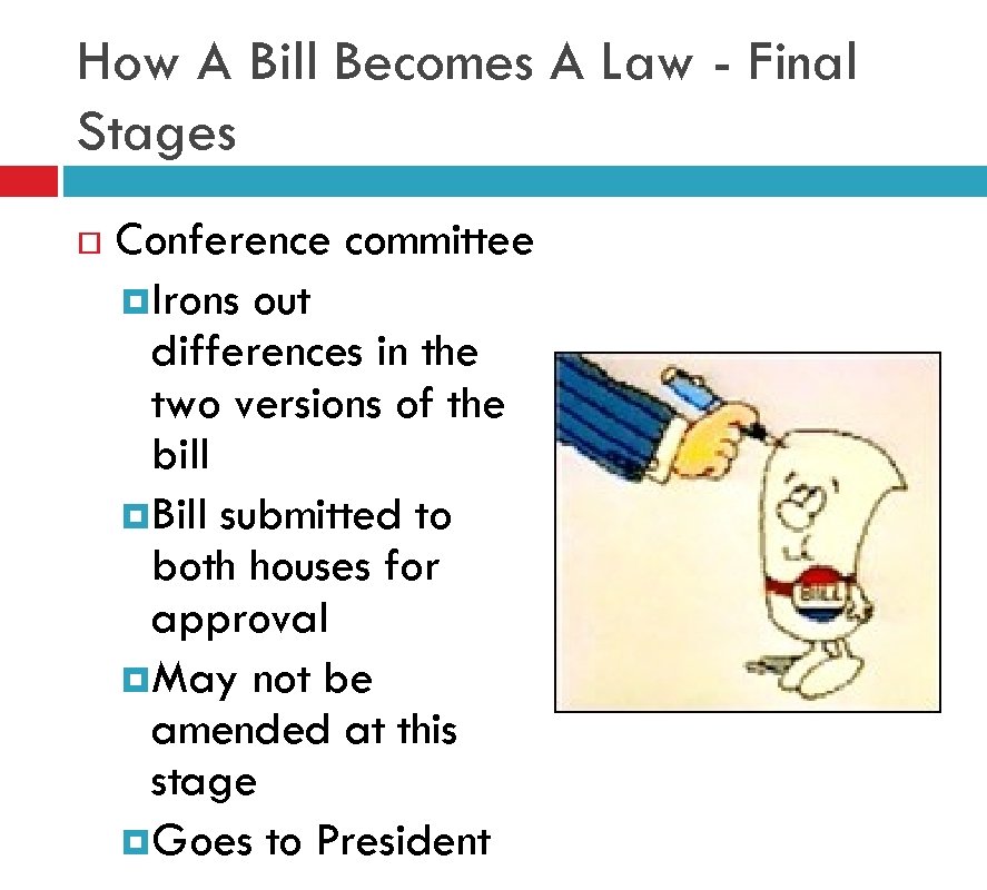 How A Bill Becomes A Law - Final Stages Conference committee Irons out differences