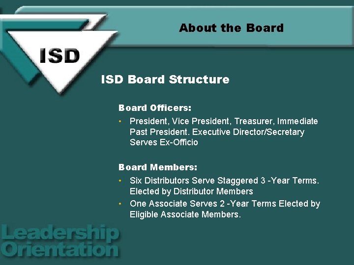 About the Board ISD Board Structure Board Officers: • President, Vice President, Treasurer, Immediate
