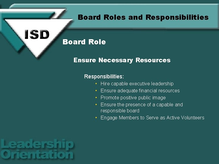 Board Roles and Responsibilities Board Role Ensure Necessary Resources Responsibilities: • • Hire capable