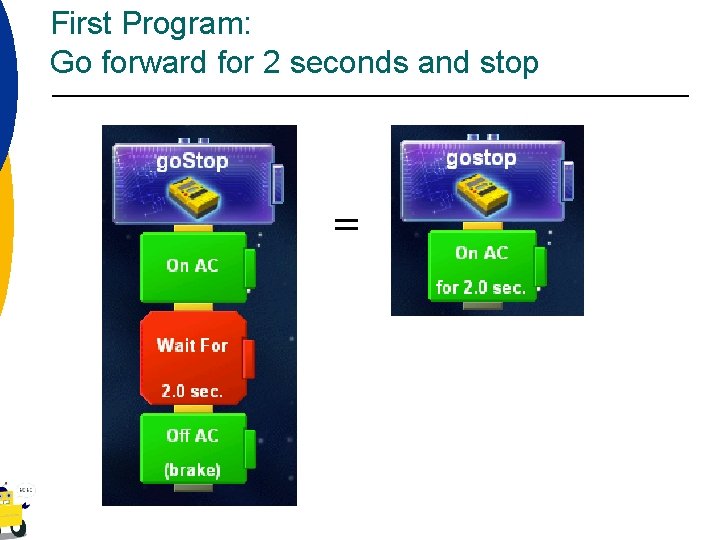 First Program: Go forward for 2 seconds and stop = 