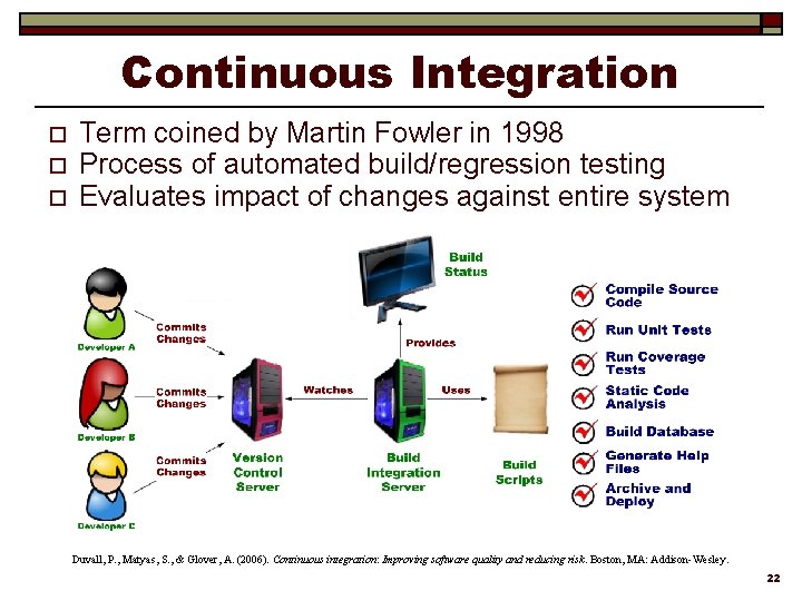 Continuous Integration o o o Term coined by Martin Fowler in 1998 Process of