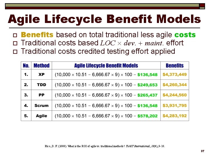 Agile Lifecycle Benefit Models o o o Benefits based on total traditional less agile