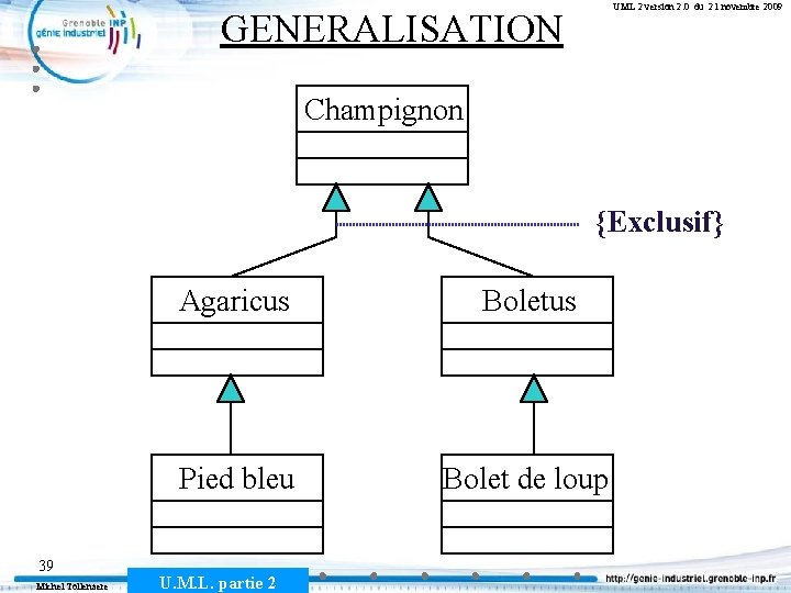 UML 2 version 2. 0 du 21 novembre 2009 GENERALISATION Champignon {Exclusif} 39 Michel