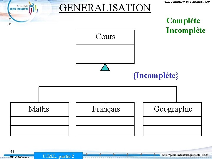 GENERALISATION Cours UML 2 version 2. 0 du 21 novembre 2009 Complète Incomplète {Incomplète}
