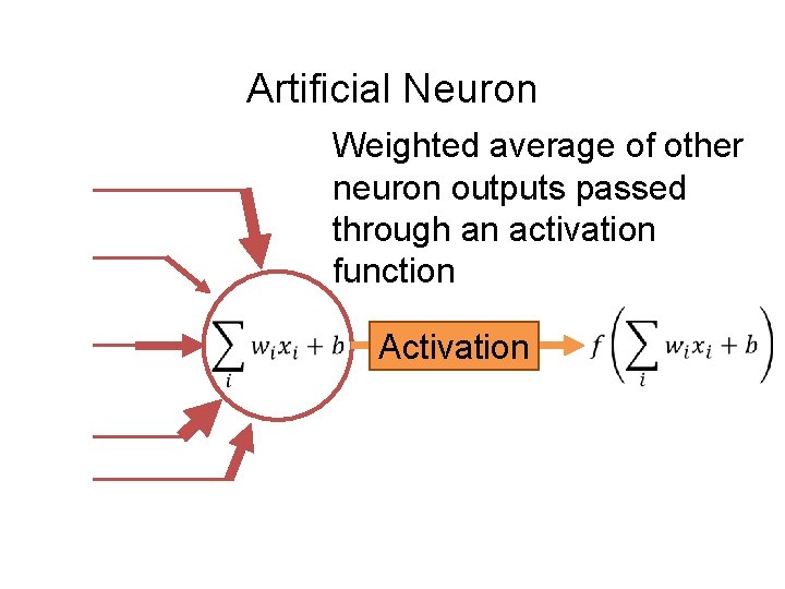 Artificial Neuron Weighted average of other neuron outputs passed through an activation function Activation