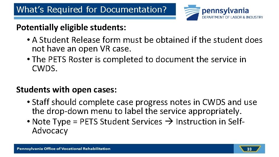 What’s Required for Documentation? Potentially eligible students: • A Student Release form must be