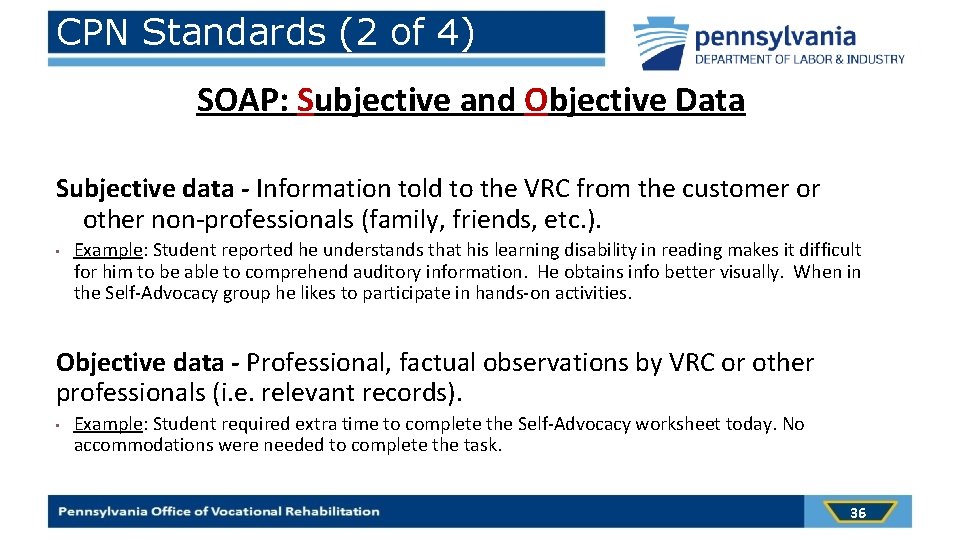 CPN Standards (2 of 4) SOAP: Subjective and Objective Data Subjective data - Information