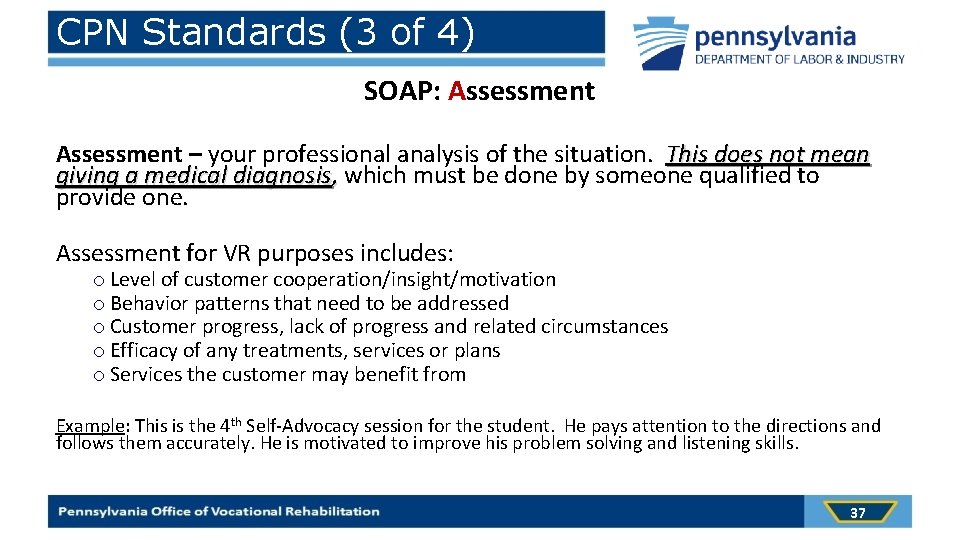 CPN Standards (3 of 4) SOAP: Assessment – your professional analysis of the situation.