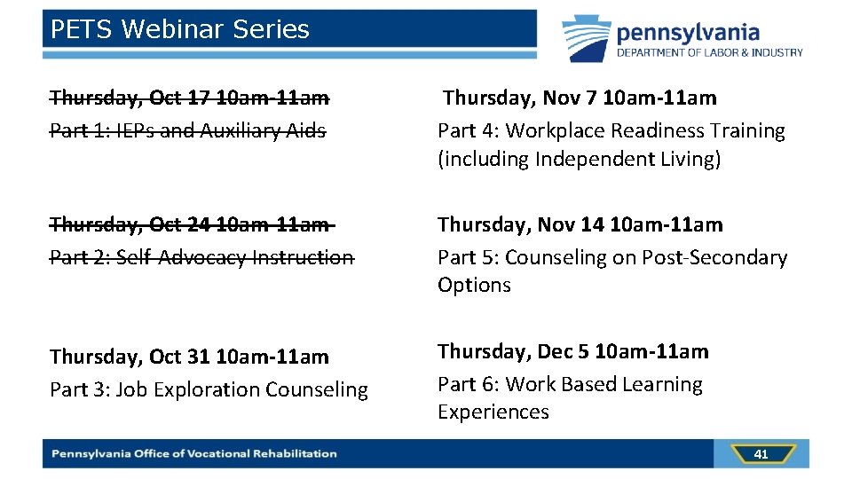 PETS Webinar Series Thursday, Oct 17 10 am-11 am Part 1: IEPs and Auxiliary
