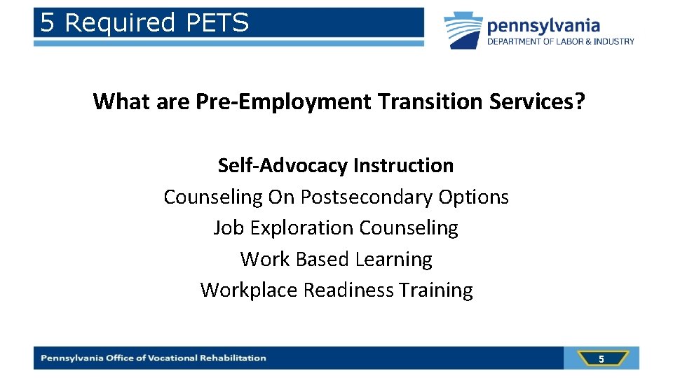 5 Required PETS What are Pre-Employment Transition Services? Self-Advocacy Instruction Counseling On Postsecondary Options