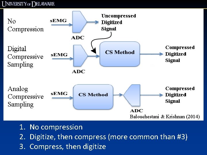 Balouchestani & Krishnan (2014) 1. No compression 2. Digitize, then compress (more common than