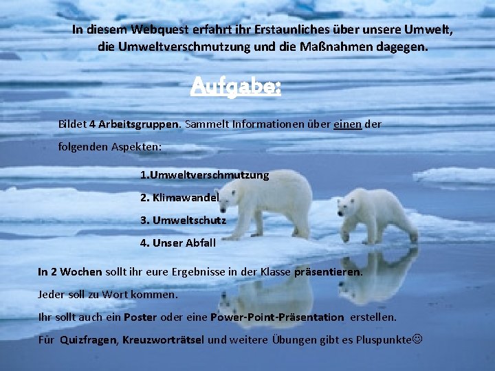 In diesem Webquest erfahrt ihr Erstaunliches über unsere Umwelt, die Umweltverschmutzung und die Maßnahmen