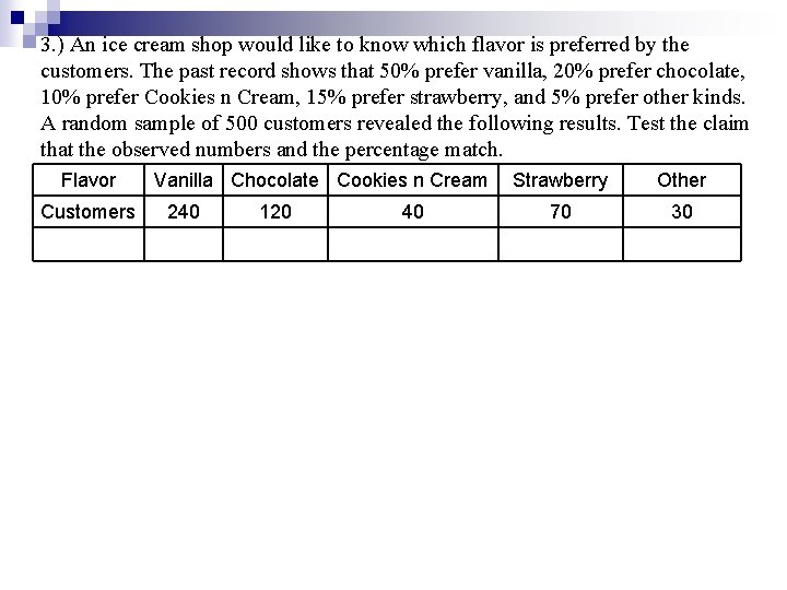 3. ) An ice cream shop would like to know which flavor is preferred