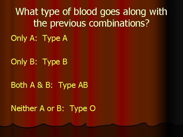 What type of blood goes along with the previous combinations? Only A: Type A