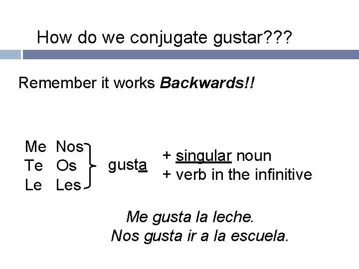 How do we conjugate gustar? ? ? Remember it works Backwards!! Me Nos Te