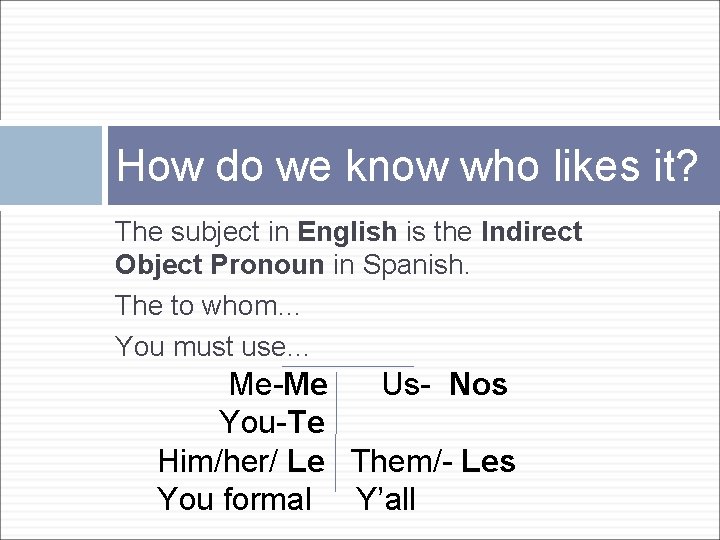 How do we know who likes it? The subject in English is the Indirect