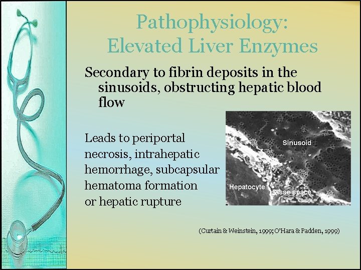 Pathophysiology: Elevated Liver Enzymes Secondary to fibrin deposits in the sinusoids, obstructing hepatic blood