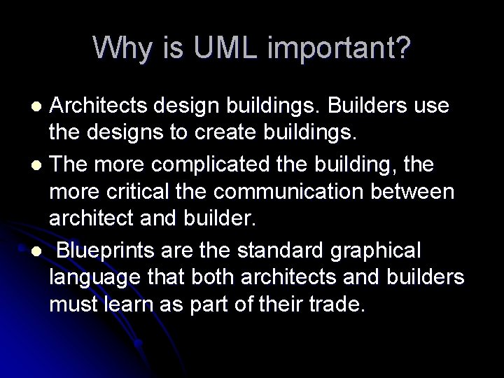 Why is UML important? Architects design buildings. Builders use the designs to create buildings.