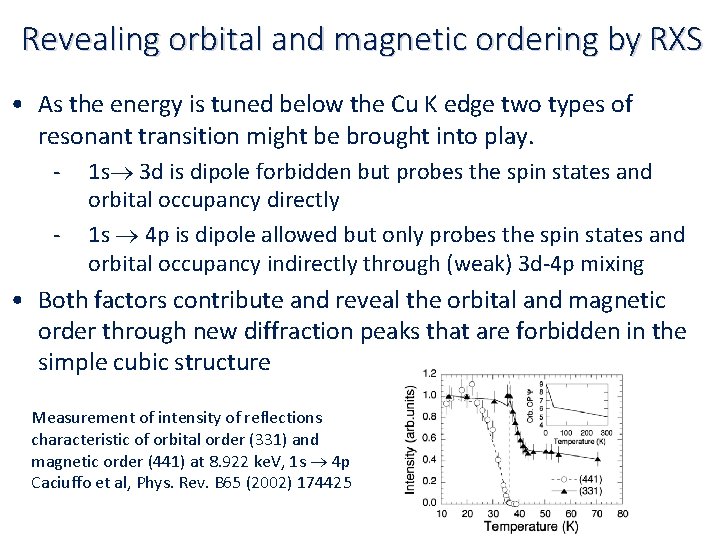 Revealing orbital and magnetic ordering by RXS • As the energy is tuned below