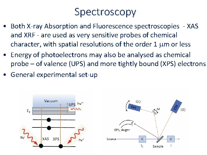 Spectroscopy • Both X‐ray Absorption and Fluorescence spectroscopies ‐ XAS and XRF ‐ are