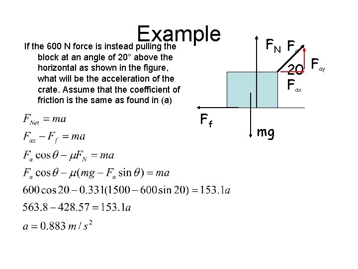 Example If the 600 N force is instead pulling the block at an angle