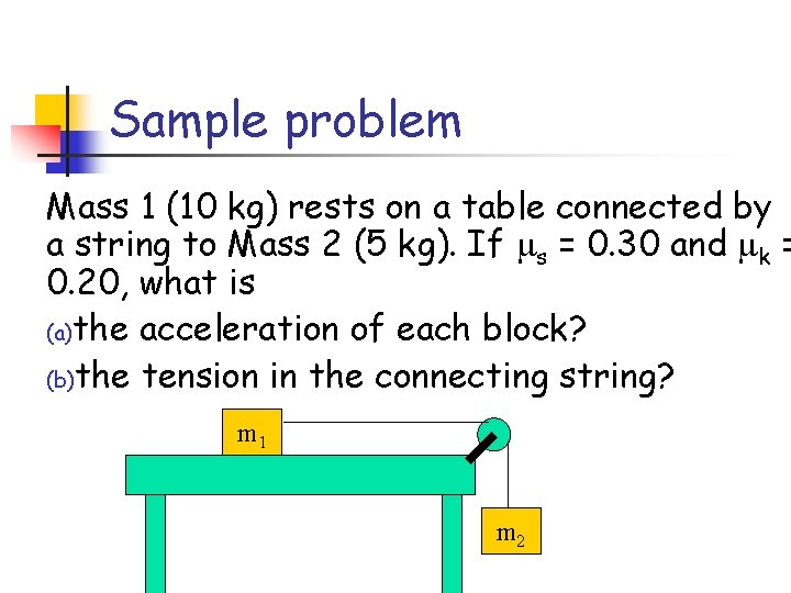 Sample problem Mass 1 (10 kg) rests on a table connected by a string