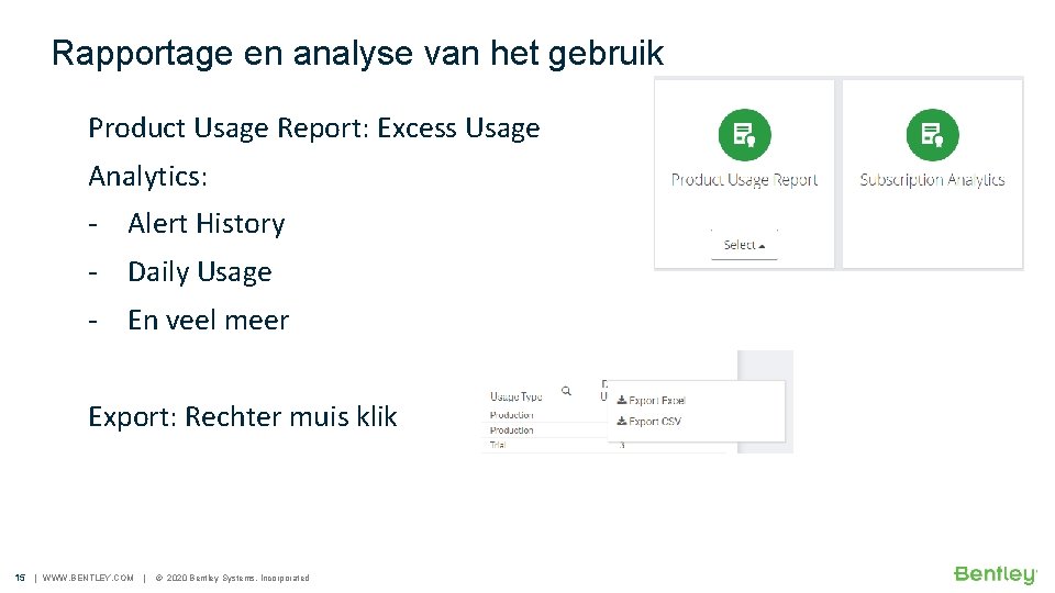 Rapportage en analyse van het gebruik Product Usage Report: Excess Usage Analytics: - Alert