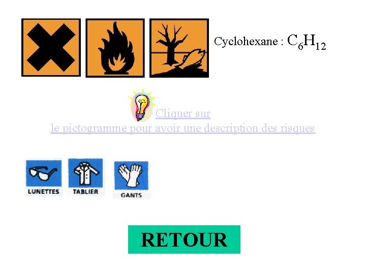 Cyclohexane : C 6 H 12 Cliquer sur le pictogramme pour avoir une description