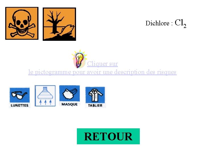 Dichlore : Cl 2 Cliquer sur le pictogramme pour avoir une description des risques