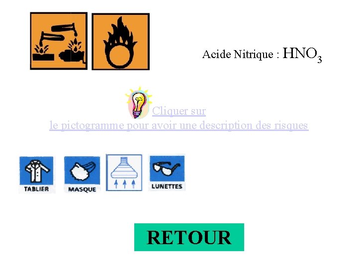 Acide Nitrique : HNO 3 Cliquer sur le pictogramme pour avoir une description des
