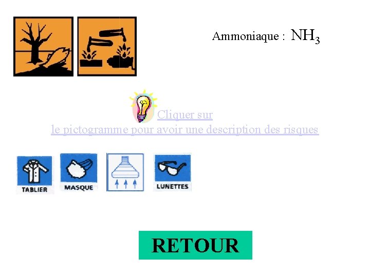 Ammoniaque : NH 3 Cliquer sur le pictogramme pour avoir une description des risques