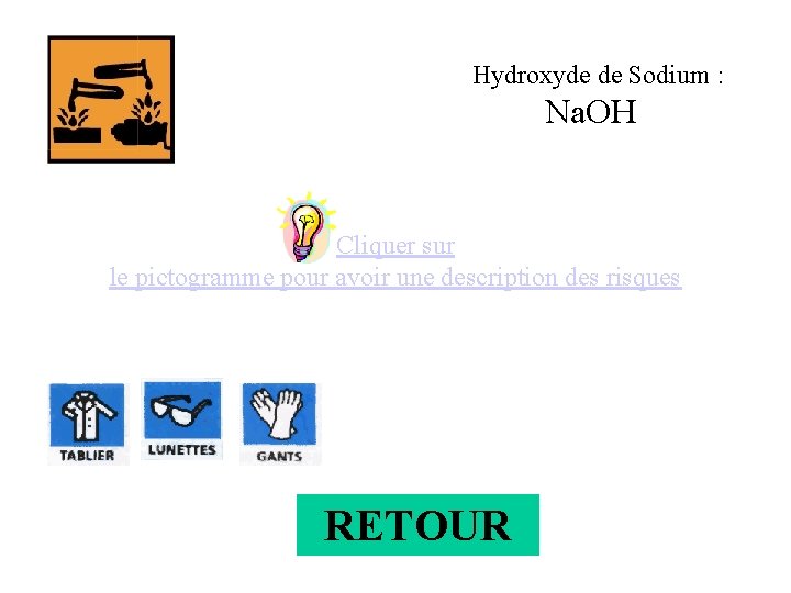 Hydroxyde de Sodium : Na. OH Cliquer sur le pictogramme pour avoir une description