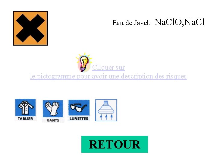 Eau de Javel: Na. Cl. O, Na. Cl Cliquer sur le pictogramme pour avoir