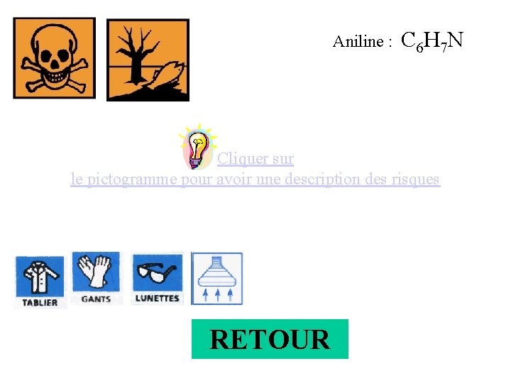 Aniline : C 6 H 7 N Cliquer sur le pictogramme pour avoir une