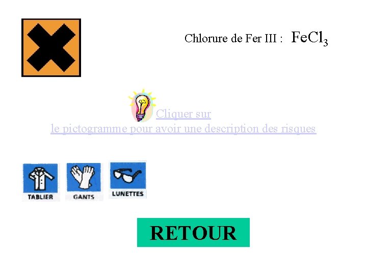 Chlorure de Fer III : Fe. Cl 3 Cliquer sur le pictogramme pour avoir
