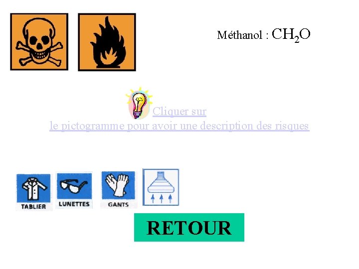 Méthanol : CH 2 O Cliquer sur le pictogramme pour avoir une description des