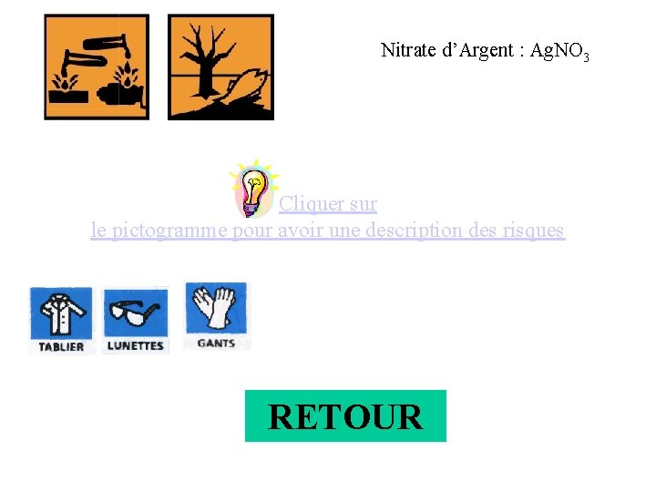 Nitrate d’Argent : Ag. NO 3 Cliquer sur le pictogramme pour avoir une description
