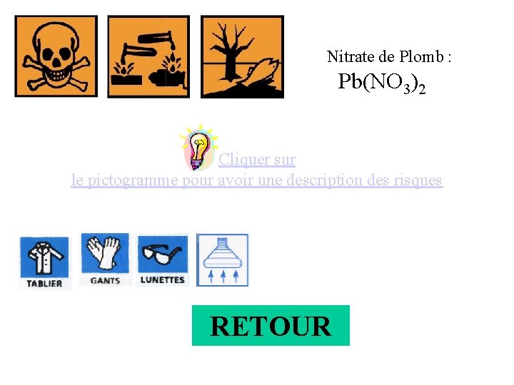 Nitrate de Plomb : Pb(NO 3)2 Cliquer sur le pictogramme pour avoir une description
