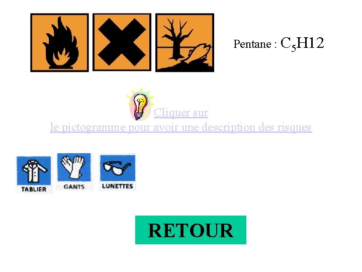 Pentane : C 5 H 12 Cliquer sur le pictogramme pour avoir une description