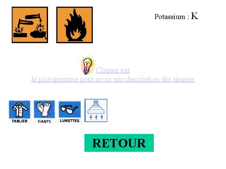 Potassium : K Cliquer sur le pictogramme pour avoir une description des risques RETOUR