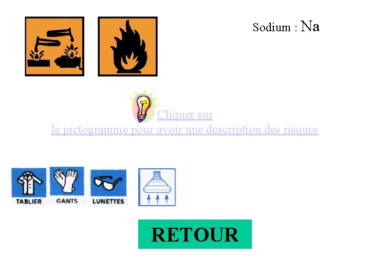 Sodium : Na Cliquer sur le pictogramme pour avoir une description des risques RETOUR