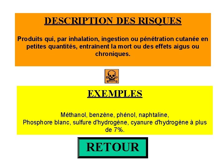 DESCRIPTION DES RISQUES Produits qui, par inhalation, ingestion ou pénétration cutanée en petites quantités,