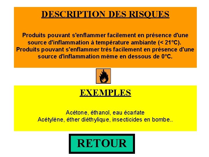 DESCRIPTION DES RISQUES Produits pouvant s'enflammer facilement en présence d'une source d'inflammation à température