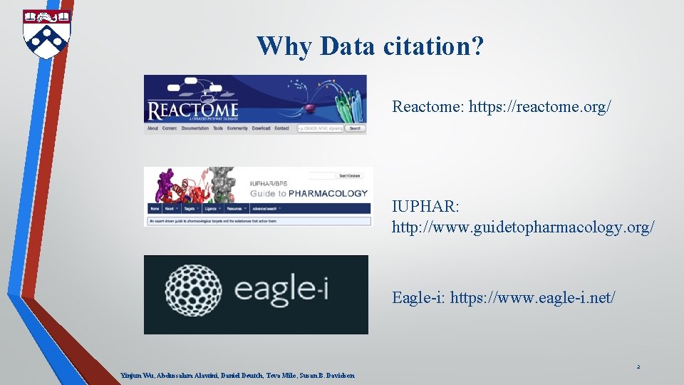 Why Data citation? Reactome: https: //reactome. org/ IUPHAR: http: //www. guidetopharmacology. org/ Eagle-i: https: