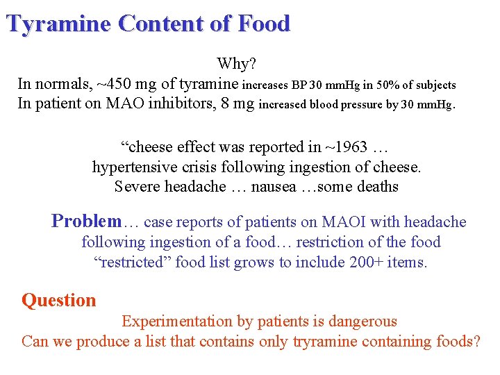 Tyramine Content of Food Why? In normals, ~450 mg of tyramine increases BP 30