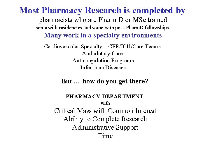 Most Pharmacy Research is completed by pharmacists who are Pharm D or MSc trained