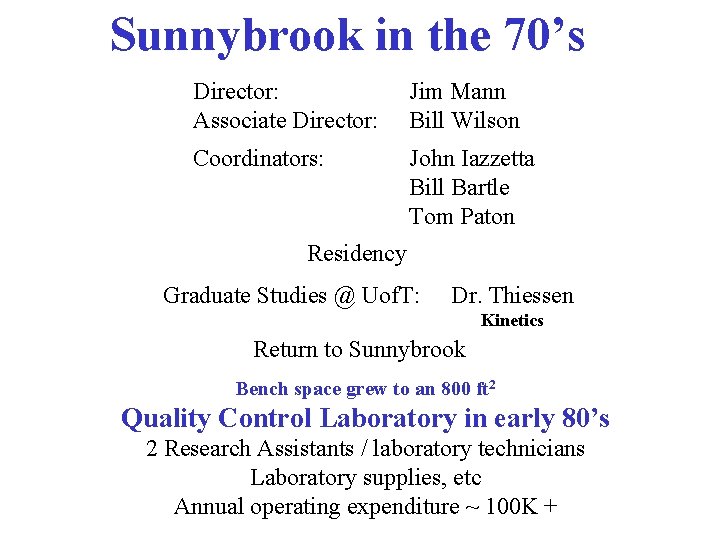 Sunnybrook in the 70’s Director: Associate Director: Jim Mann Bill Wilson Coordinators: John Iazzetta