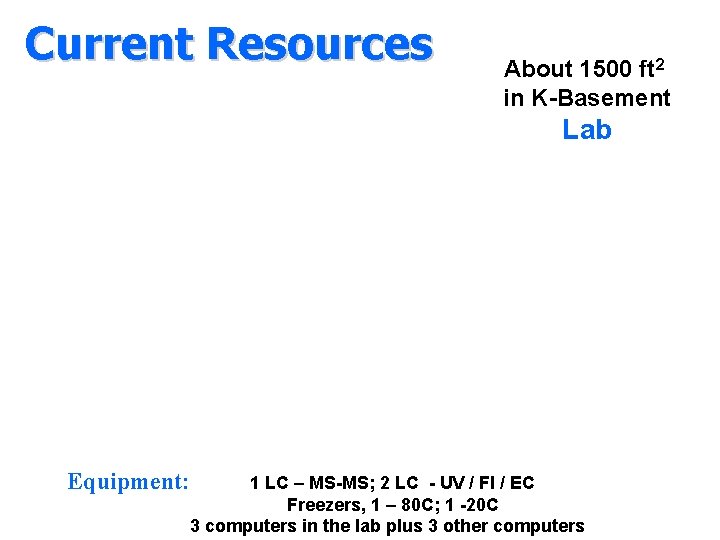 Current Resources About 1500 ft 2 in K-Basement Lab Equipment: 1 LC – MS-MS;